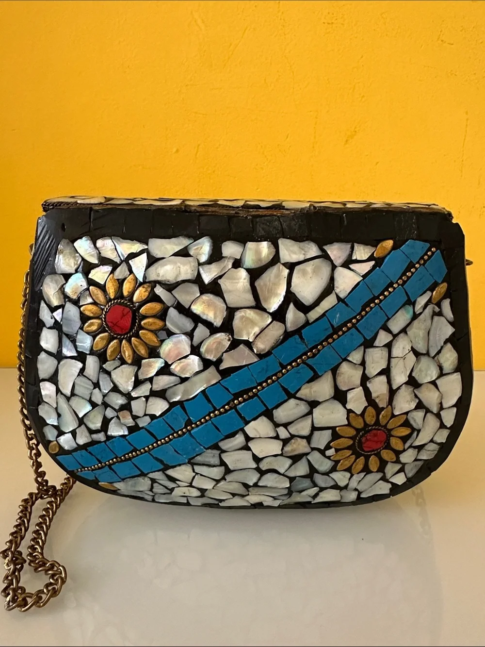 Handcrafted Moroccan Mosaic Flower Evening Boho Crossbody Bag in Blue and White